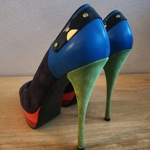 Versace Shoes Womens Size 40.5 Multicolor Suede Leather Platform High Heel Italy - Picture 4 of 14